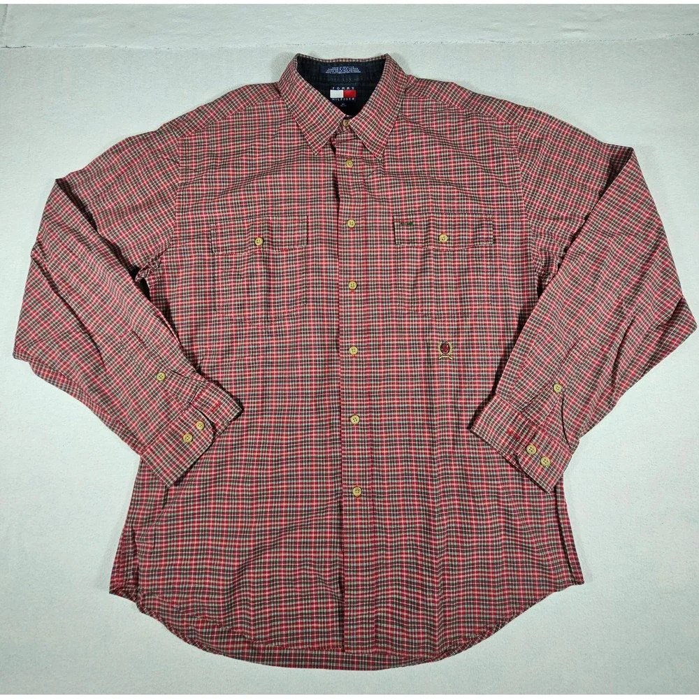 Tommy Hilfiger Mens XL Red Plaid Button Down Shirt Long Sleeve Crest Logo Cotton